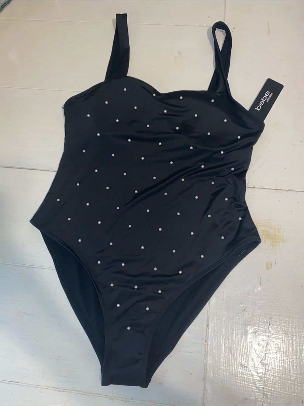 Brand new bebe Black One-Piece Swimsuit with pearl Stud Embellishments